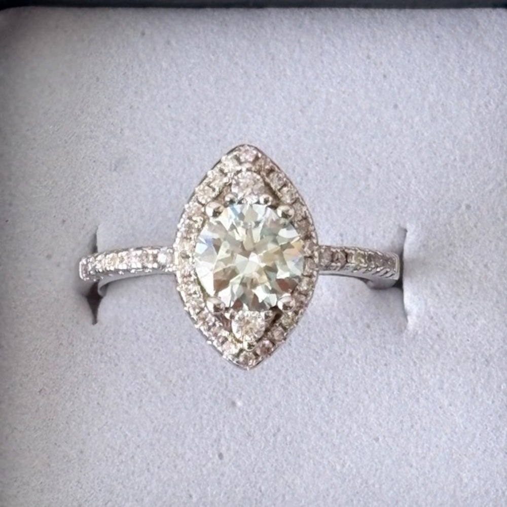 1.0 CT Moissanite Marquise Shape Round Cut Ring Silver Tone Halo Pave Band